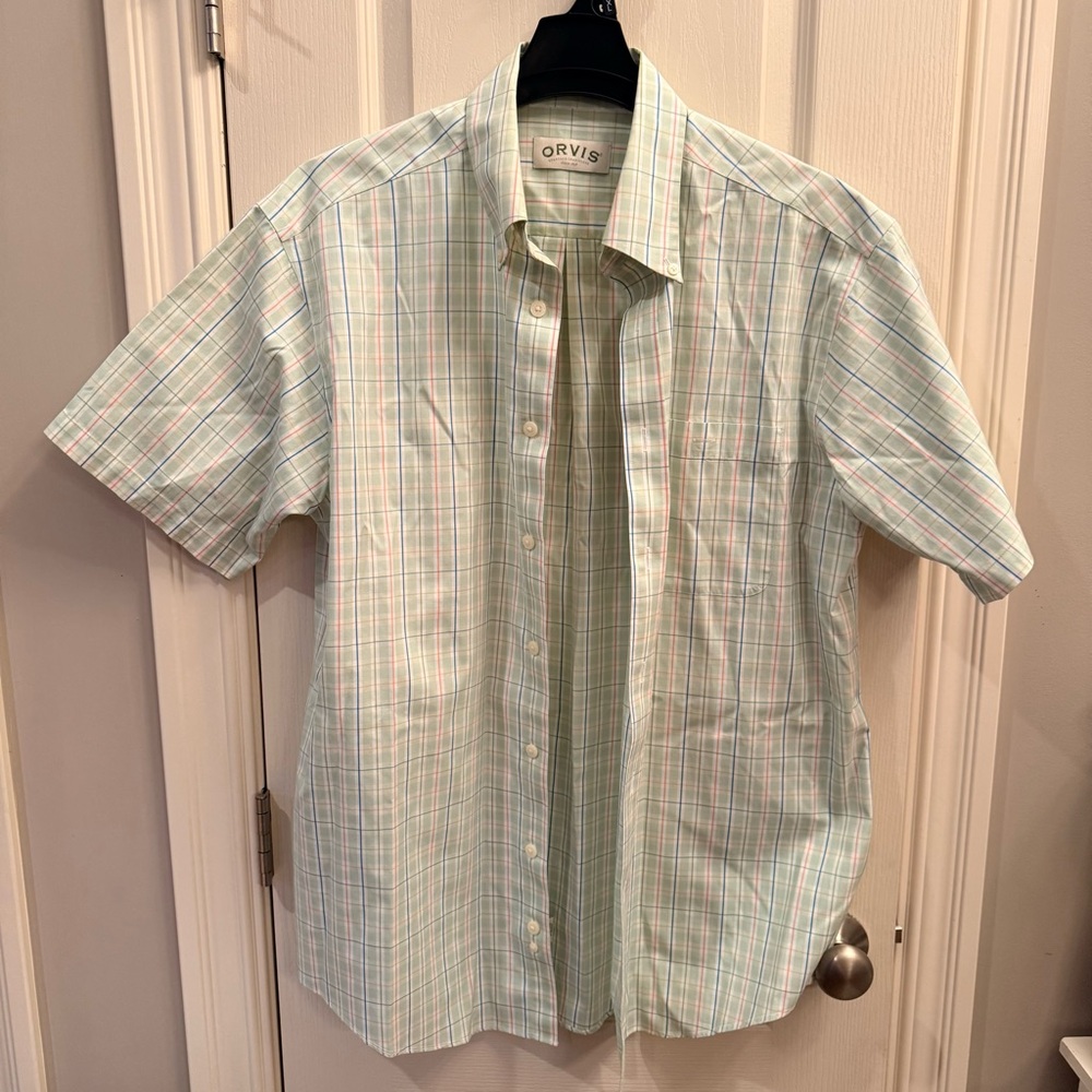 Orvis Light Green Plaid Short-Sleeve Button-Down Shirt with Blue & orangeStripes - Picture 2 of 6
